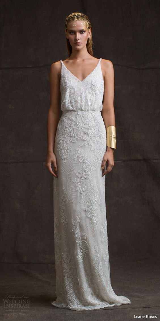 Limor Rosen 2016  Beaded Lace Column Sheath Wedding Gown