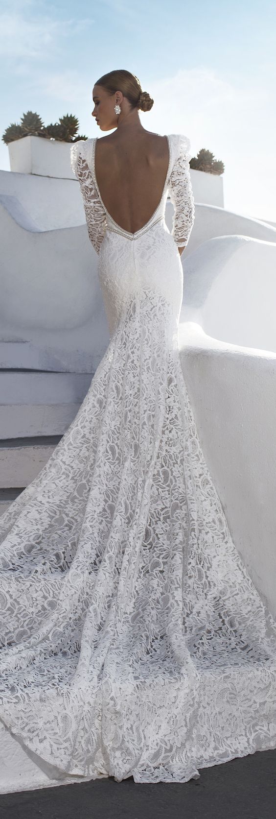 Julie Vino mermaid wedding gown with long lace sleeves