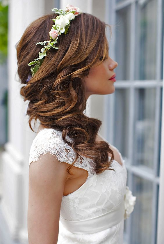 long wedding hairstyle with flower crown