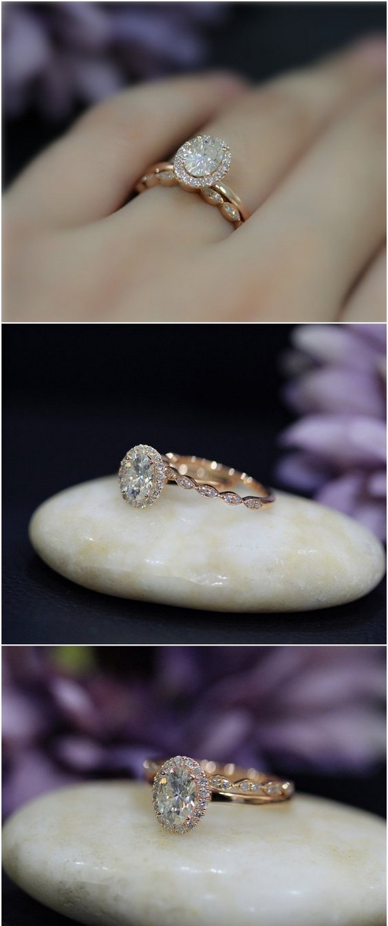 1ct Brilliant Moissanite Engagement Ring Set 5x7mm Oval Moissanite Ring Set Solid 14K Rose Gold Ring Set Wedding Ring Set