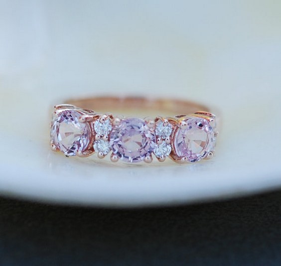 Lavender Peach sapphire anniversary ring 3 stone ring