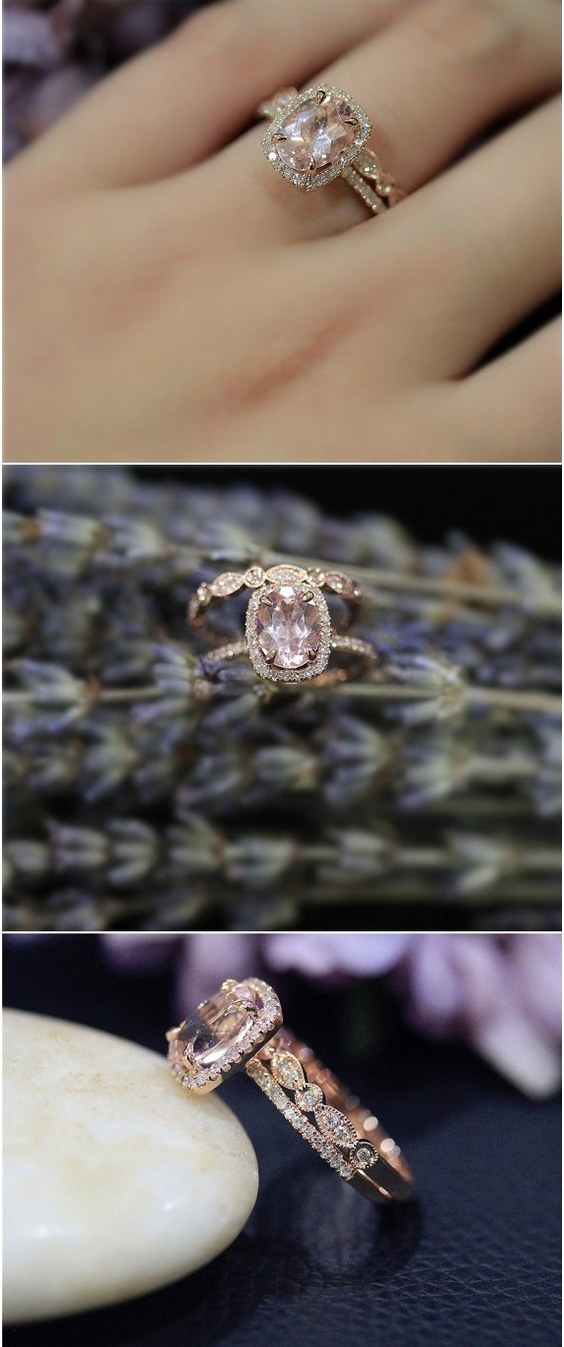 Pink Morganite Ring Set Solid 14K Rose Gold Ring Wedding Ring Promise Ring