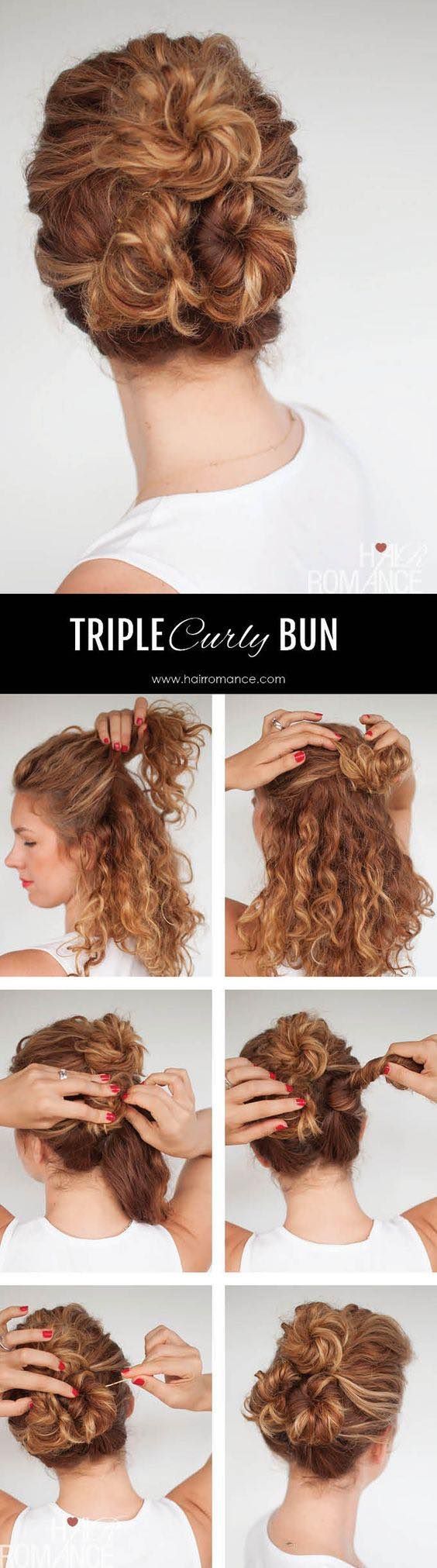 curly triple bun wedding hairstyle tutorials