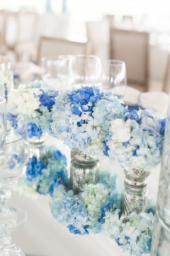 Blue and White Hydrangea, Mercury Glass Centerpieces
