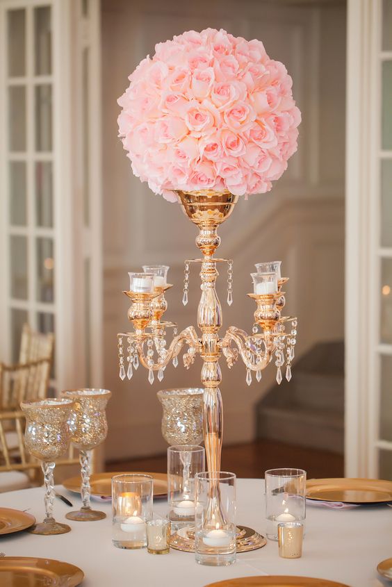 Gold Candelabra, Pink Rose Wedding Reception Centerpiece via Casey Hendrickson Photography