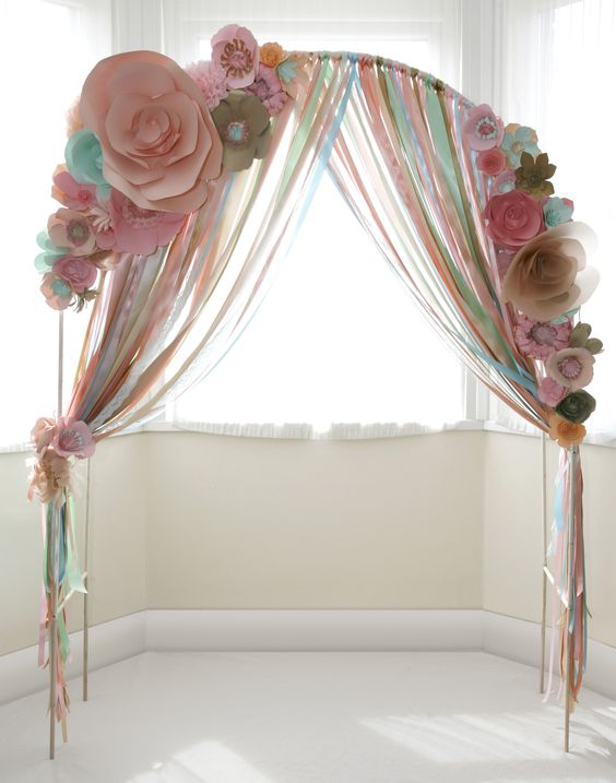 Good indication of colour scheme, peach, mint, coral, pink Paper flower wedding ceremony arch with ribons
