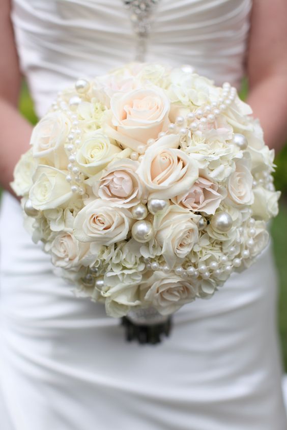Gorgeous Blush Pink & White Bridal Bouquet with Pearls by Splendid Sentiments