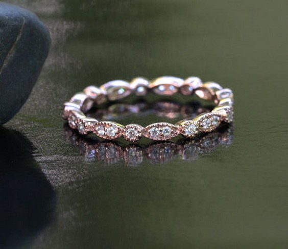 Marquese and Bubbles Full Eternity Milgrain 14k Rose Gold Diamond Ring