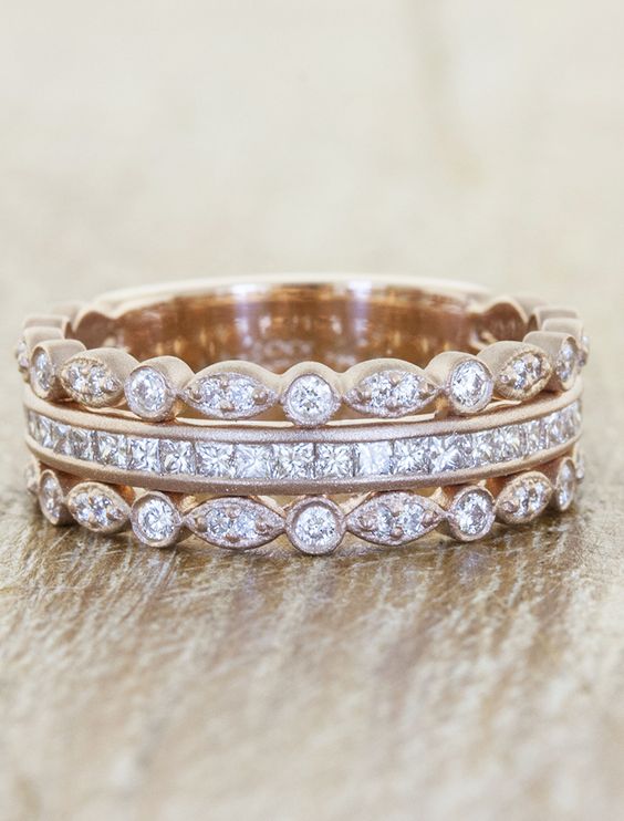Vintage Style Half Eternity Diamond Wedding Band in 14k White Gold Milgrain Bezel Set Diamond Stack Ring