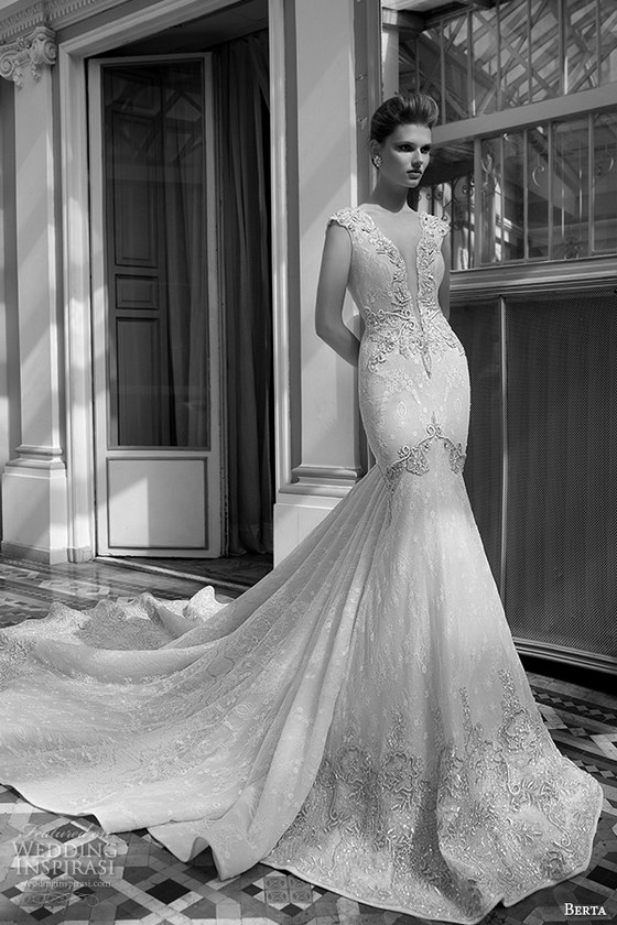 berta fall 2016 bridal gorgeous cap sleeveless deep v plunging neckline fit to flare trumpet mermaid wedding dress cathedral train