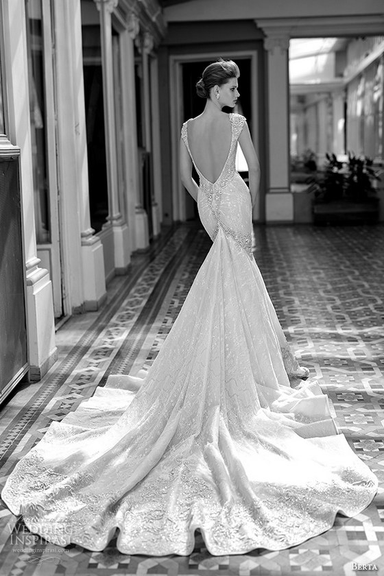 berta fall 2016 bridal gorgeous cap sleeveless deep v plunging neckline fit to flare trumpet mermaid wedding dress cathedral train back view
