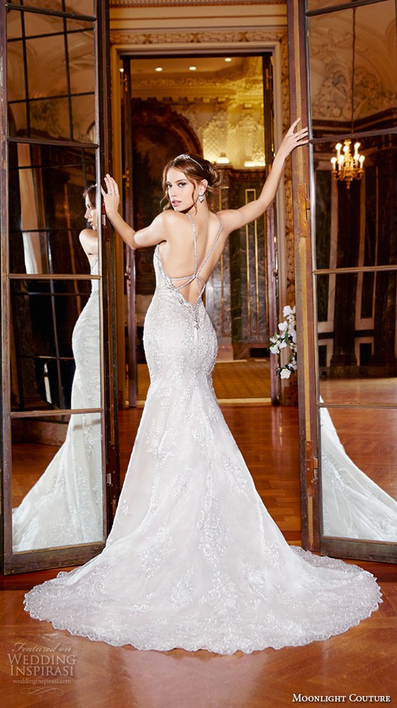 berta fall 2016 bridal gorgeous cap sleeveless deep v plunging neckline fit to flare trumpet mermaid wedding dress cathedral train back view