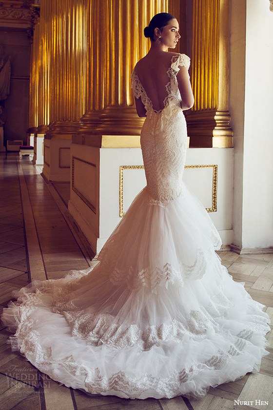 nurit hen 2016 bridal flutter sleeves split sweetheart neckline mermaid lace wedding dress