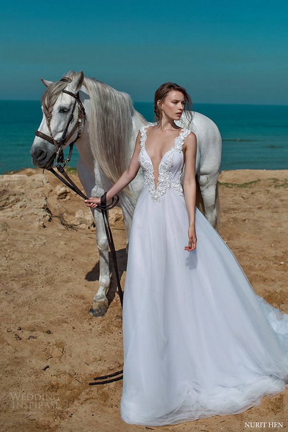nurit hen 2016 sleeveless thick embellished straps split sweetheart aline wedding dress