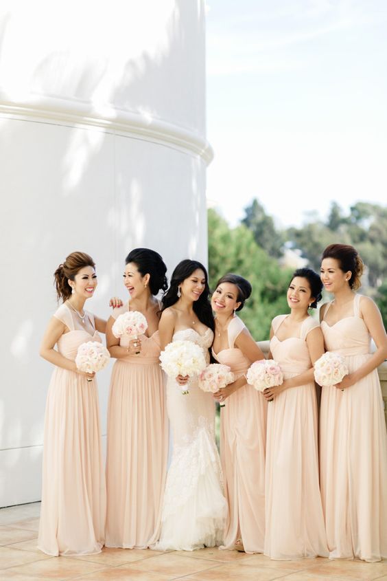 peach coral long bridesmaid dresses via Jana Williams Photography