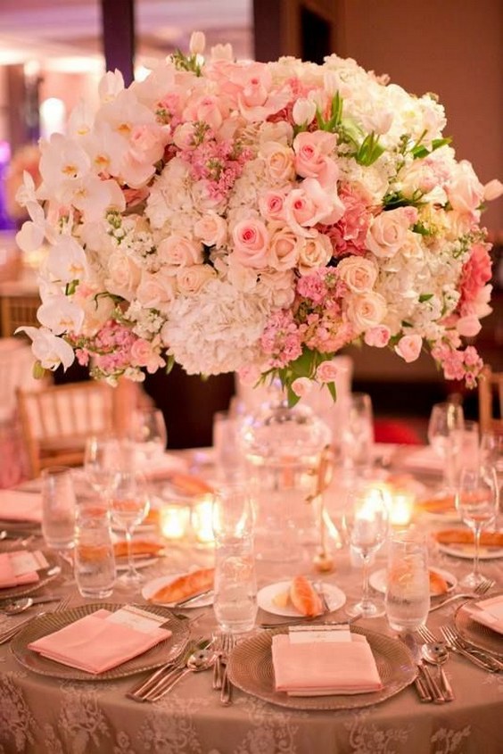 pink wedding reception centerpiece idea via Jordan Payne Events