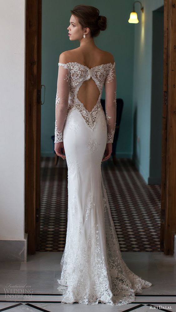 riki dalal bridal 2016 illusion long sleeves off shoulder pluging sweetheart lace sheath wedding dress