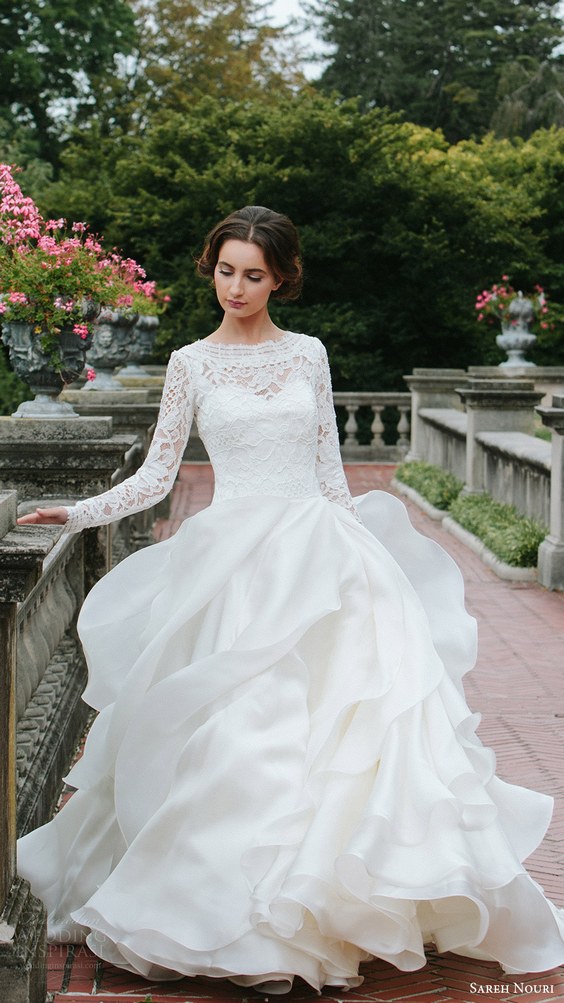 sareh nouri bridal fall 2016 long sleeves sweetheart illusion jewel neck a line ball gown wedding dresses