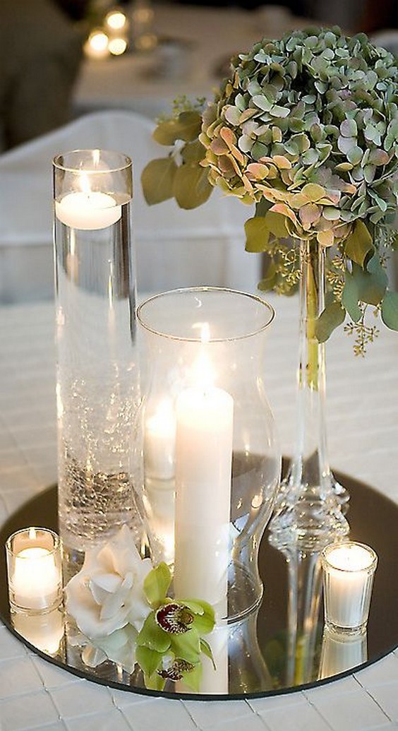 simple and elegant mirrored centerpiece mix and match with hydrangeas and lilies