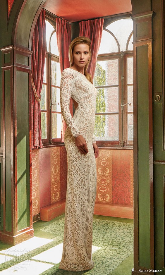 solo merav bridal 2016 sophisticated lace wedding dress elegant long sleeves open back slit high neck side view