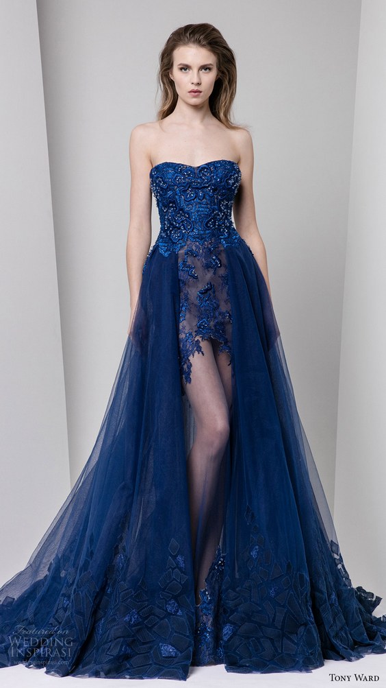 tony ward fall winter 2016 2017 rtw strapless semi sweetheart embellished bodice a line evening dress illusion skirt overskirt blue color
