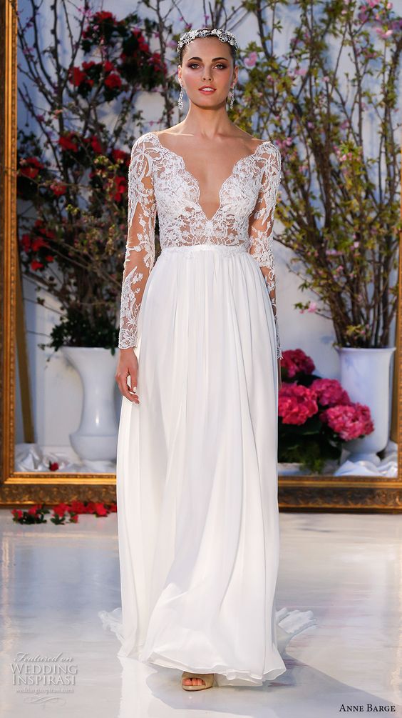 ANNE BARGE spring 2017 bridal lace long sleeves plunging v neckline lace embelllished bodice pleated modified a line wedding dress low v back sweep train