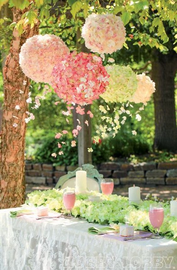 Cover basic paper lanterns with a flutter of delicate hydrangea blossoms