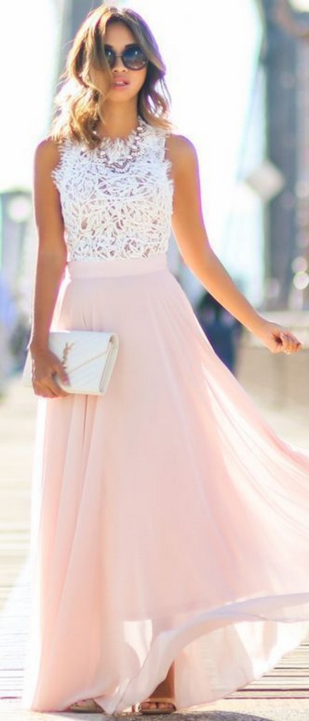 Cute white mesh top pink chiffon wedding guest dress