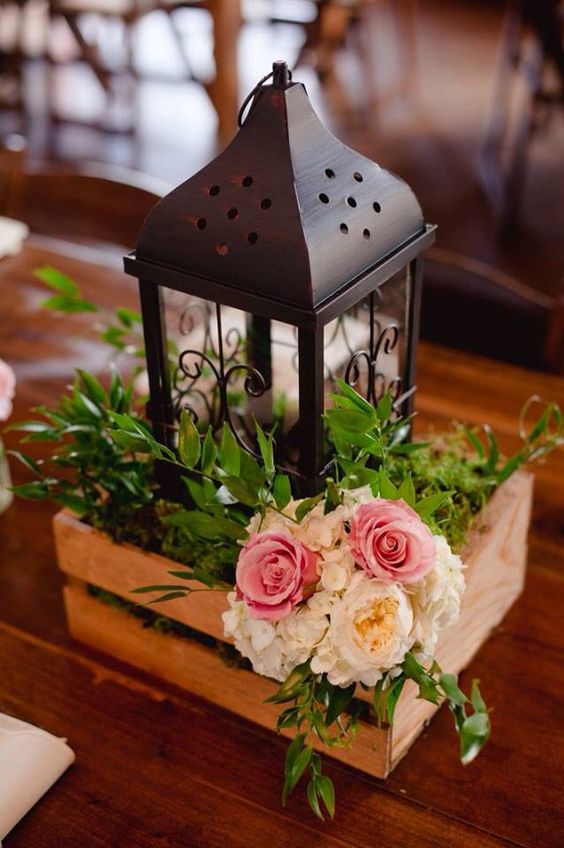 Lantern centerpiece on a farm table