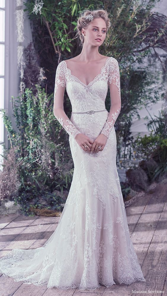MAGGIE SOTTERO bridal fall 2016 illusion long sleeves vneck sheath lace wedding dress