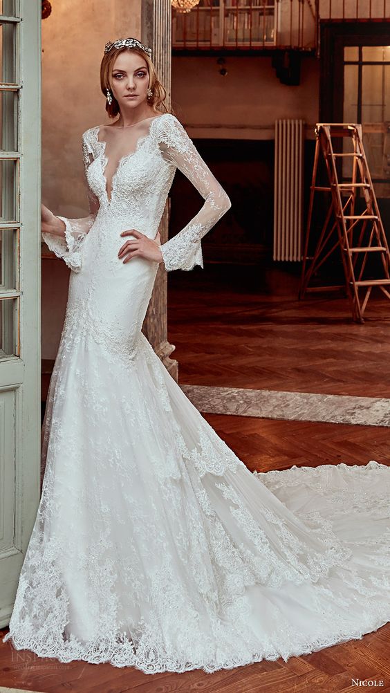 NICOLE SPOSE bridal 2017 long sleeves illusion deep v neck fit flare mermaid wedding dress