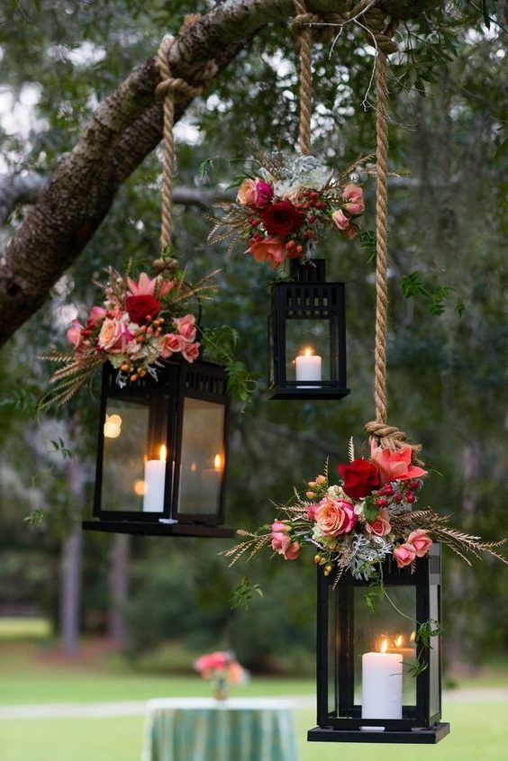 Pink Flower-Decorated Hanging Lantern Wedding Decor