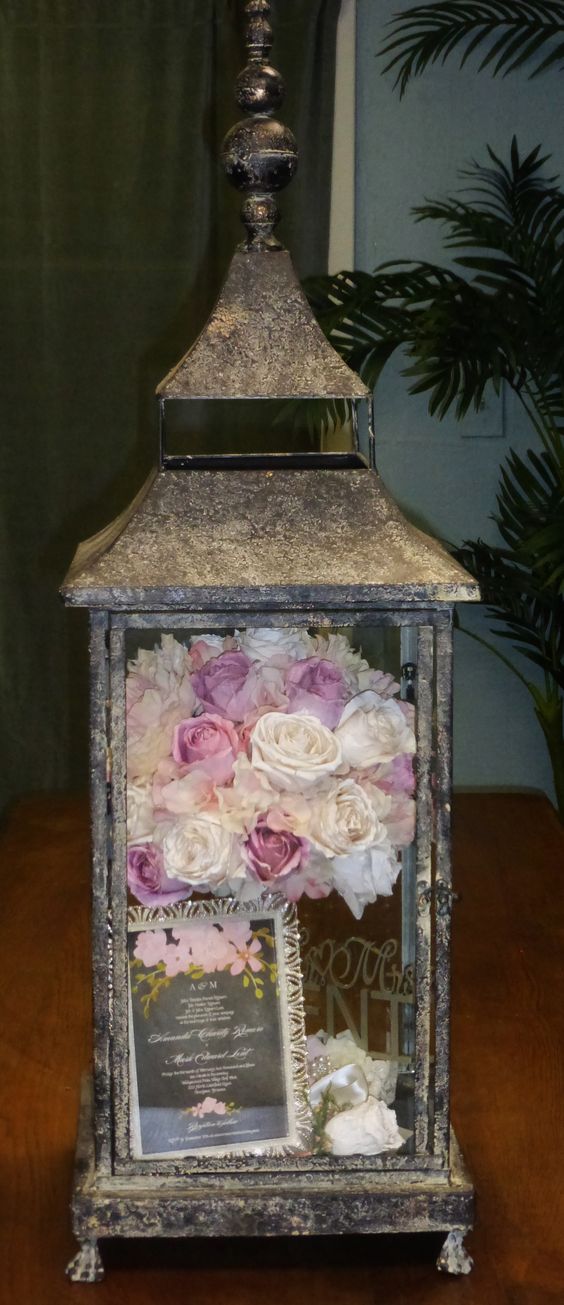 Preserved wedding bouquet in lantern