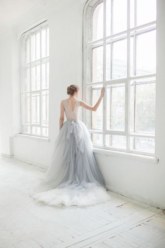 Subtle blue tulle wedding dress
