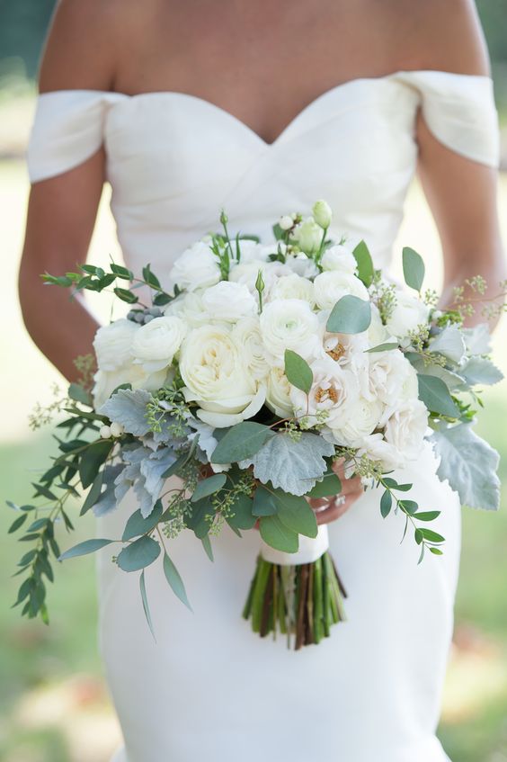 White Ranunculus and Eucalyptus Bouquet via Dragonfly Events