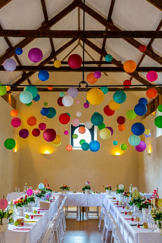 colorful hanging paper lanterns wedding decor