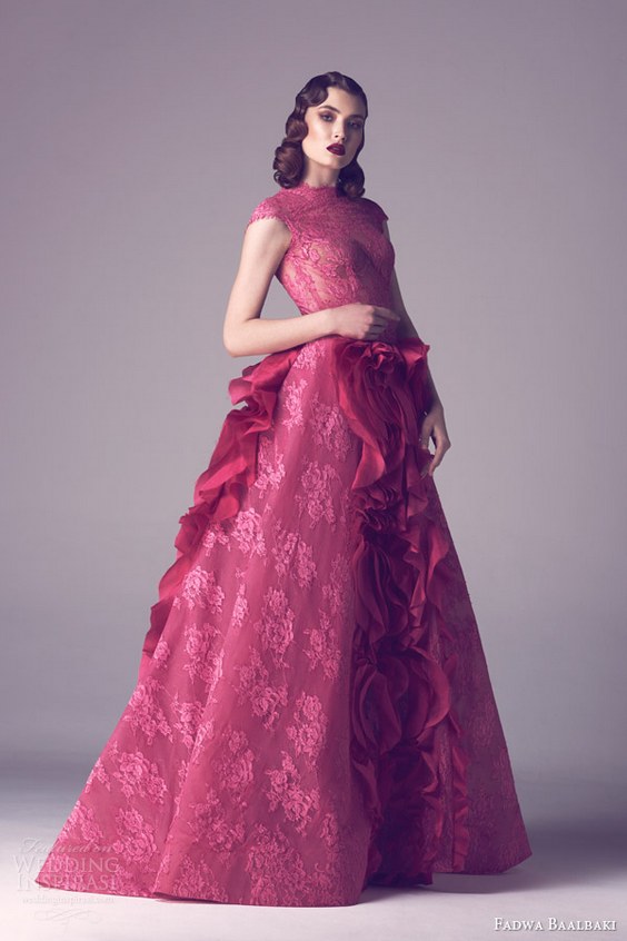 fadwa baalbaki couture spring 2015 rose colored lace cap sleeve ball gown dress