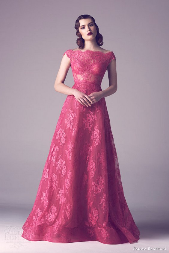 fadwa baalbaki couture spring 2015 rose colored lace cap sleeve wedding dress