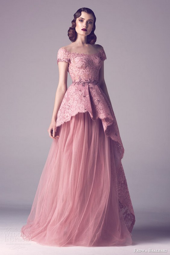 fadwa baalbaki spring 2015 couture cap sleeve pink blush lace peplum bodice gown