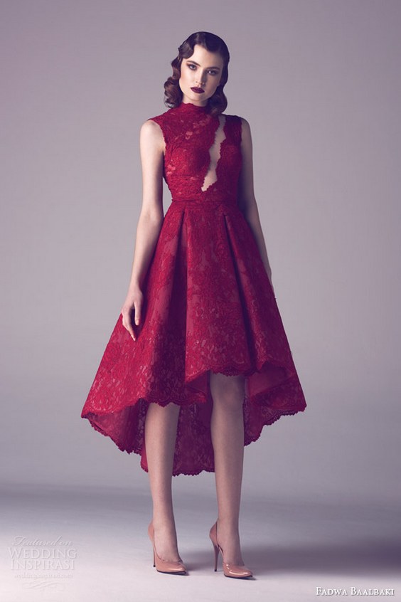 fadwa baalbaki spring 2015 couture sleeveless red lace dress asymmetric skirt