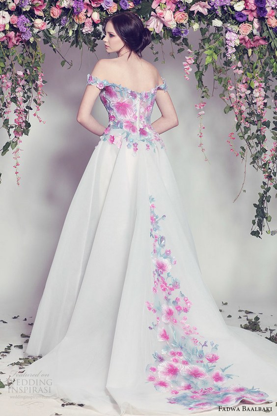 fadwa baalbaki spring 2016 couture off shoulder ball gown multi color floral bv train romantic