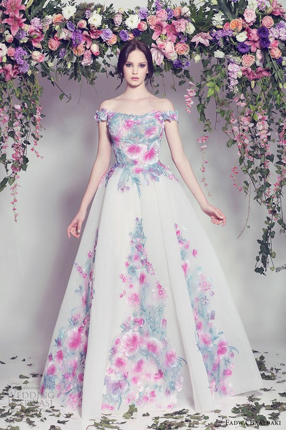 fadwa baalbaki spring 2016 couture off shoulder ball gown multi color floral