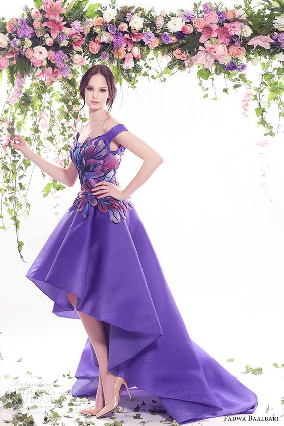 fadwa baalbaki spring 2016 couture off shoulder high low purple color floral evening cocktail dress