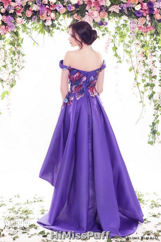 fadwa baalbaki spring 2016 couture off shoulder high low purple color floral evening cocktail dresses
