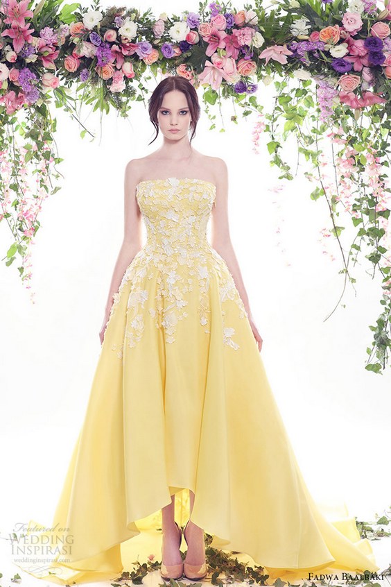 fadwa baalbaki spring 2016 couture strapless straight across dress yellow color mv