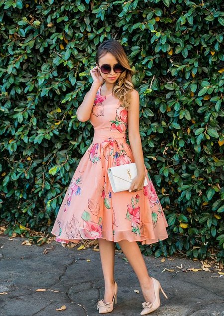 floral dress with chic bag and shoes