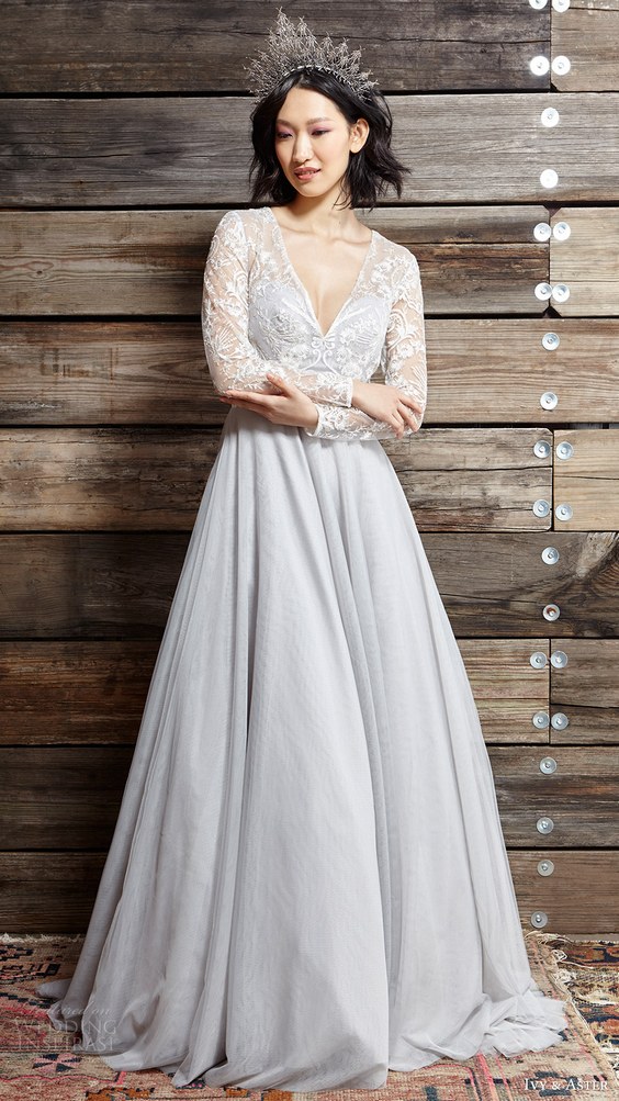 ivy aster bridal spring 2017 illusion long sleeve vneck aline wedding dress