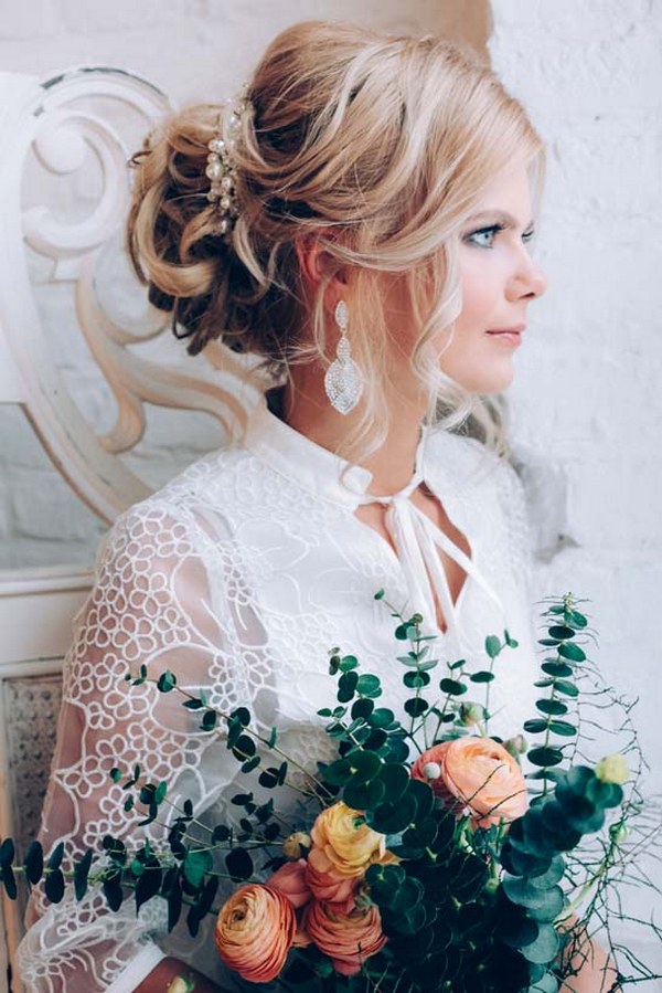 long wavy wedding updo hairstyle with wedding makeup 3 via aleksandra prudnikov
