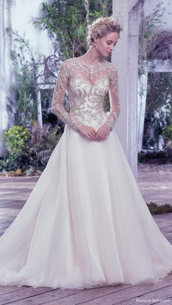 maggie sottero bridal fall 2016 illusion long sleeves sweetheart jewel neck ball gown wedding dress