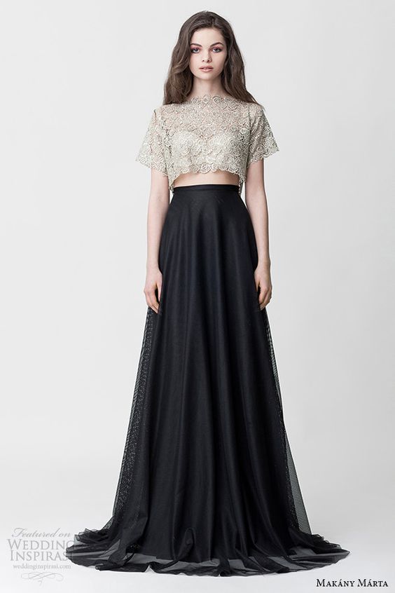 makany marta midsummer night dream bridal ready to wear collection bateau neckline short sleeves gold top black long a line skirt